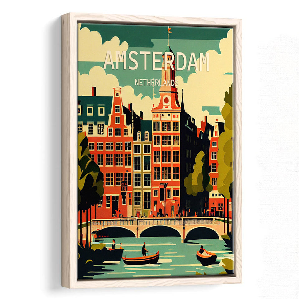 Amsterdam Netherlands Retro Art Print, Large Canvas, Framed Canvas Print Wall Art Home Decor, Floating Frame
