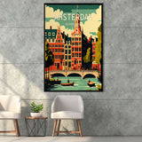 Amsterdam Netherlands Retro Art Print, Large Canvas, Framed Canvas Print Wall Art Home Decor, Floating Frame
