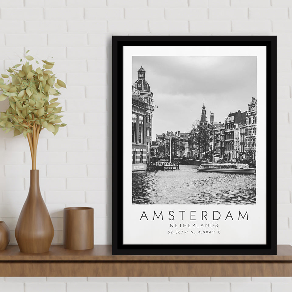 Amsterdam, Netherlands Black And White Art Framed Canvas Prints Wall Art Home Decor, Floating Frame
