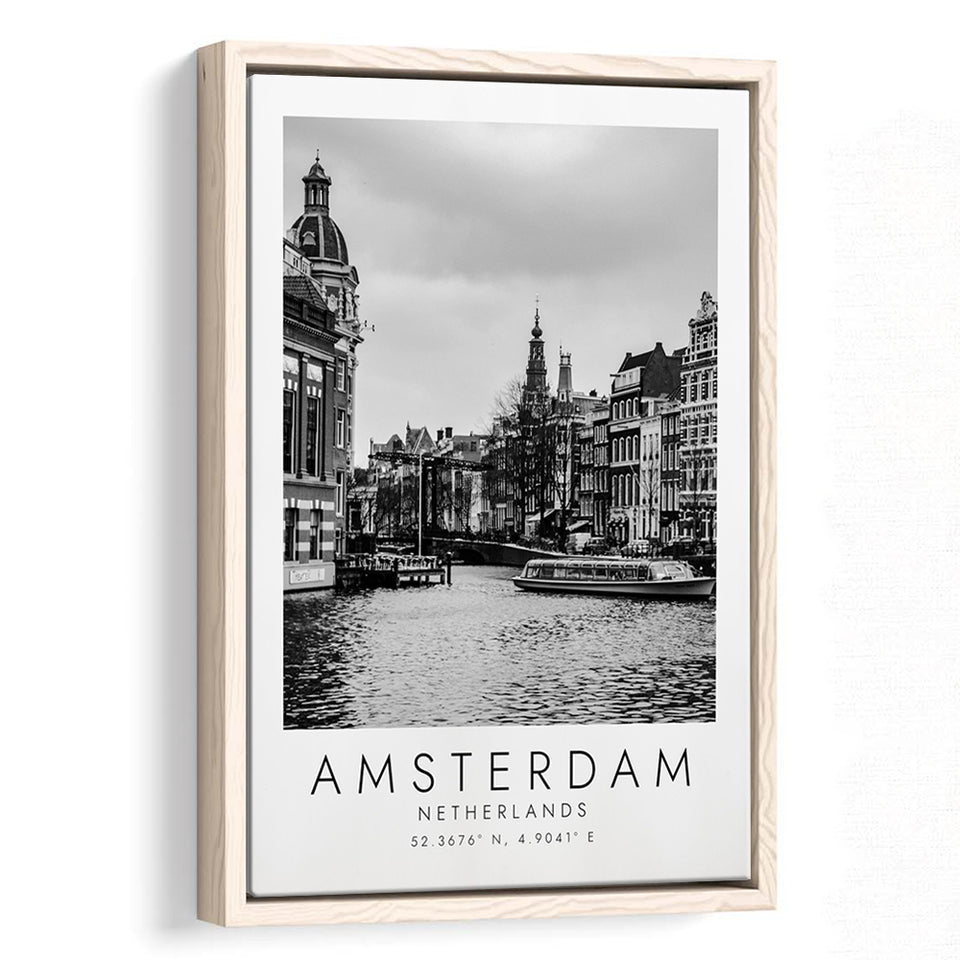 Amsterdam, Netherlands Black And White Art Framed Canvas Prints Wall Art Home Decor, Floating Frame