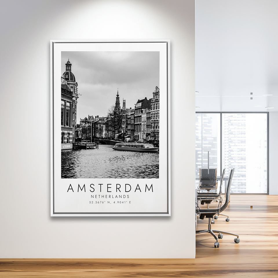 Amsterdam, Netherlands Black And White Art Framed Canvas Prints Wall Art Home Decor, Floating Frame