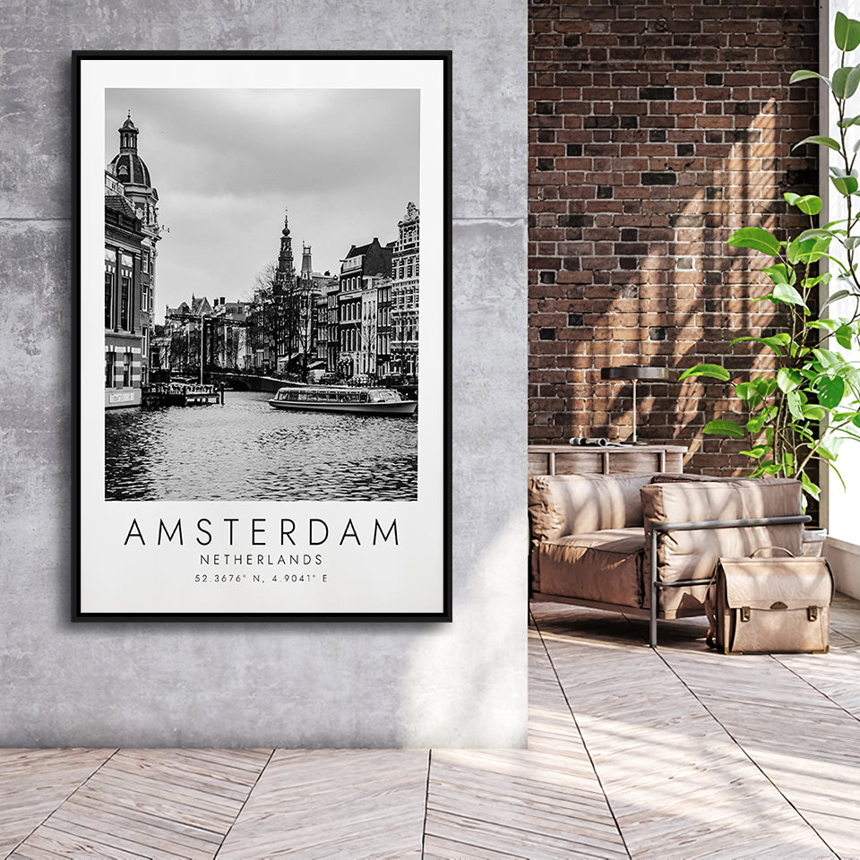 Amsterdam, Netherlands Black And White Art Framed Canvas Prints Wall Art Home Decor, Floating Frame