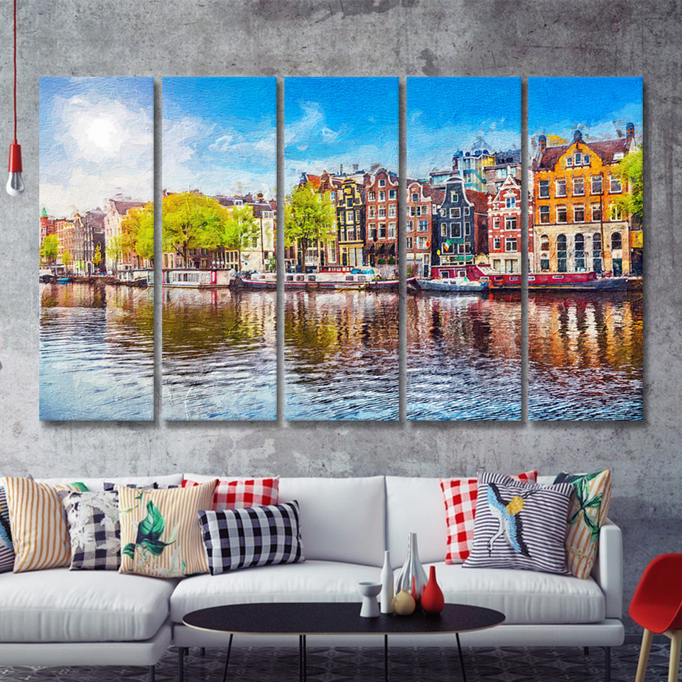 Amsterdam Old City Spring Landscape 5 Piece B Canvas Prints Wall Art Decor - Painting Canvas, Multi Panels