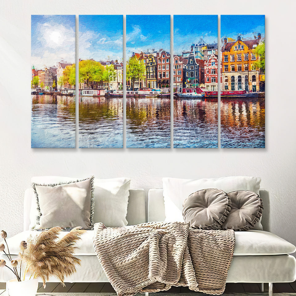 Amsterdam Old City Spring Landscape 5 Piece B Canvas Prints Wall Art Decor - Painting Canvas, Multi Panels