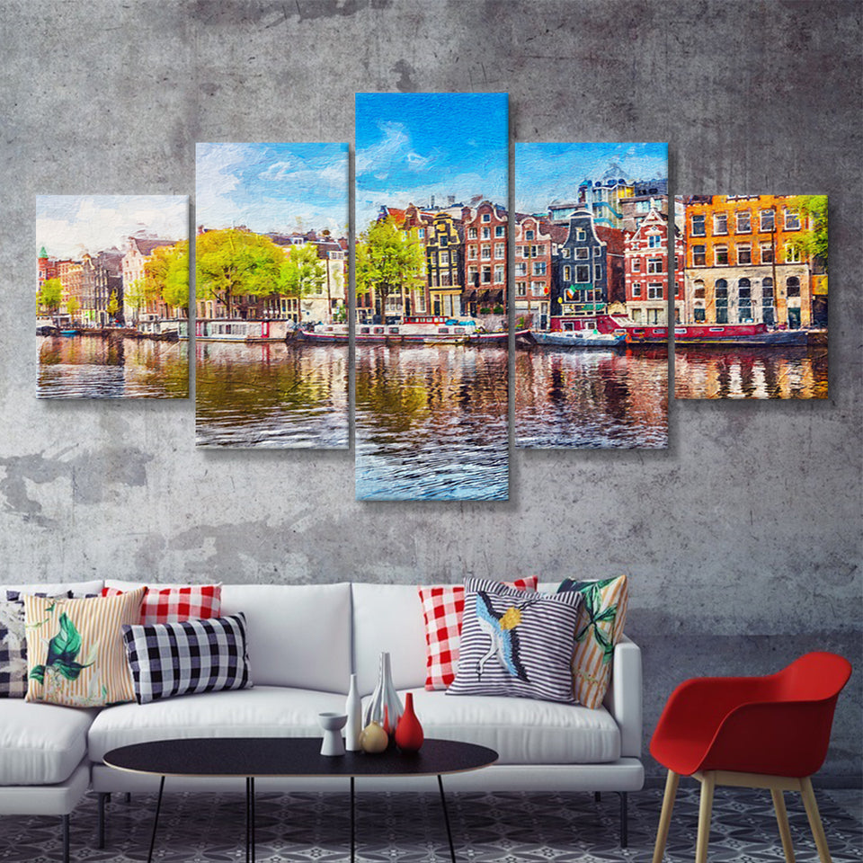Amsterdam Old City Spring Landscape 5 Piece Canvas Prints Wall Art Decor - Painting Canvas, Multi Panels