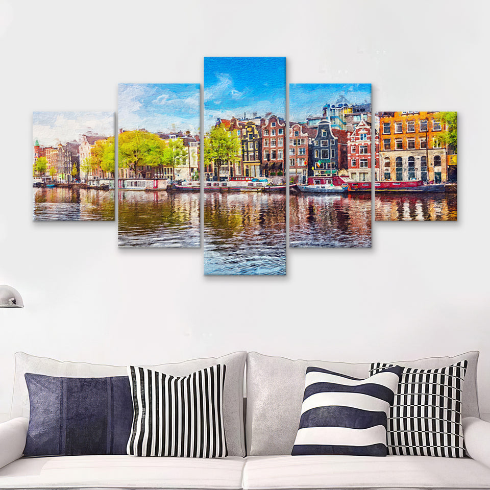Amsterdam Old City Spring Landscape 5 Piece Canvas Prints Wall Art Decor - Painting Canvas, Multi Panels