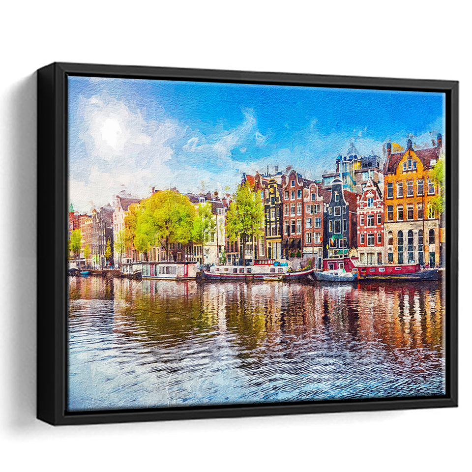 Amsterdam Old City Spring Landscape Framed Canvas Prints Wall Art Decor - Paiting Canvas, Art Prints, Floating Frame