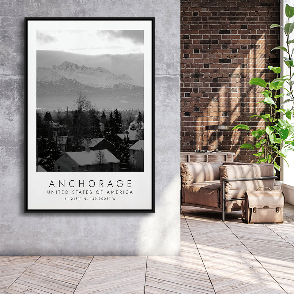 Anchorage, Alaska Usa Black And White Art Framed Canvas Prints Wall Art Home Decor, Floating Frame