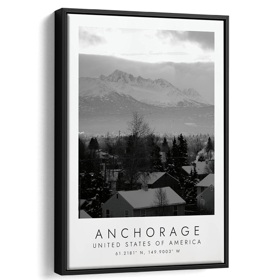 Anchorage, Alaska Usa Black And White Art Framed Canvas Prints Wall Art Home Decor, Floating Frame