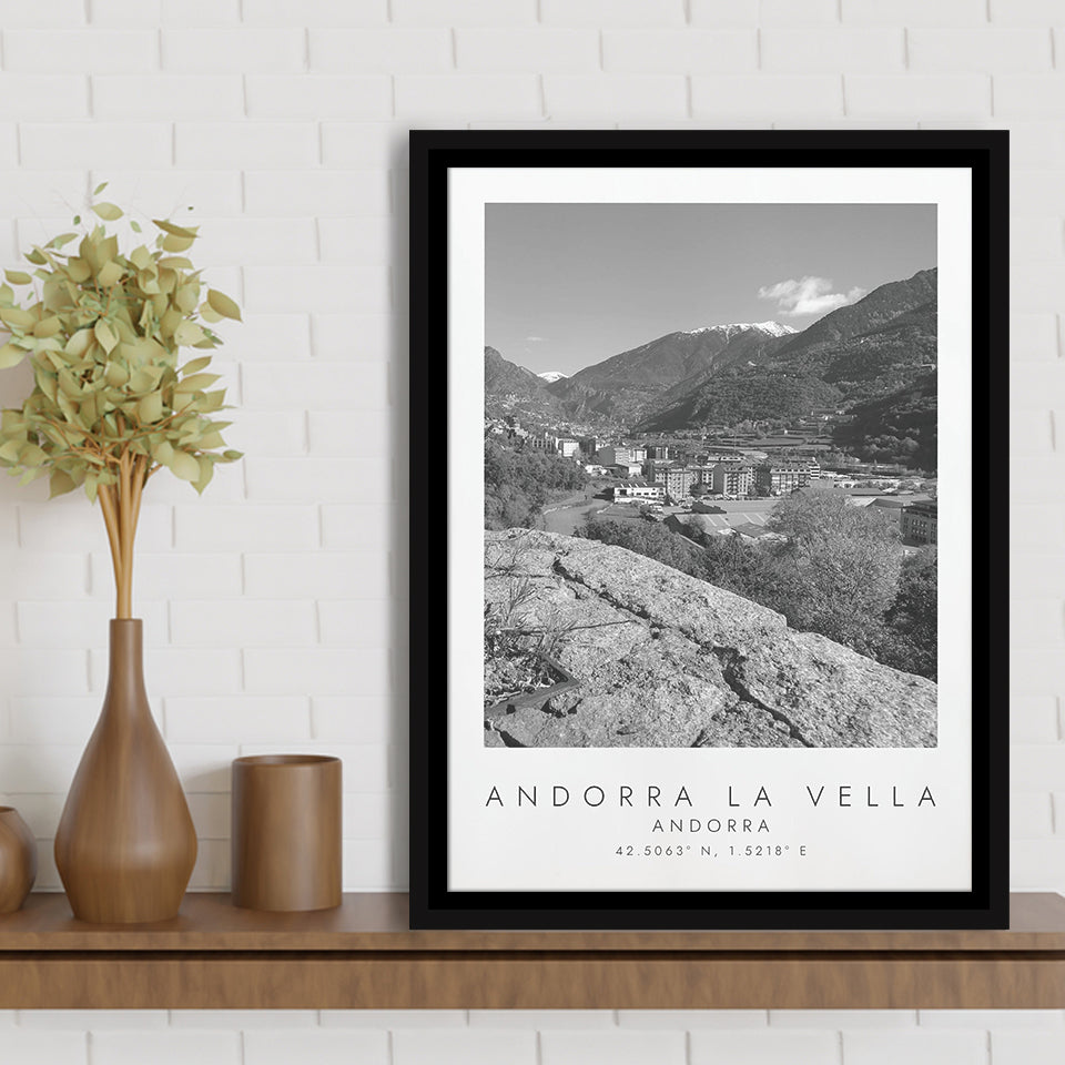 Andorra La Vella, Andorra Black And White Art Framed Canvas Prints Wall Art Home Decor, Floating Frame