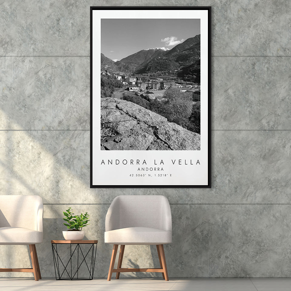 Andorra La Vella, Andorra Black And White Art Framed Canvas Prints Wall Art Home Decor, Floating Frame