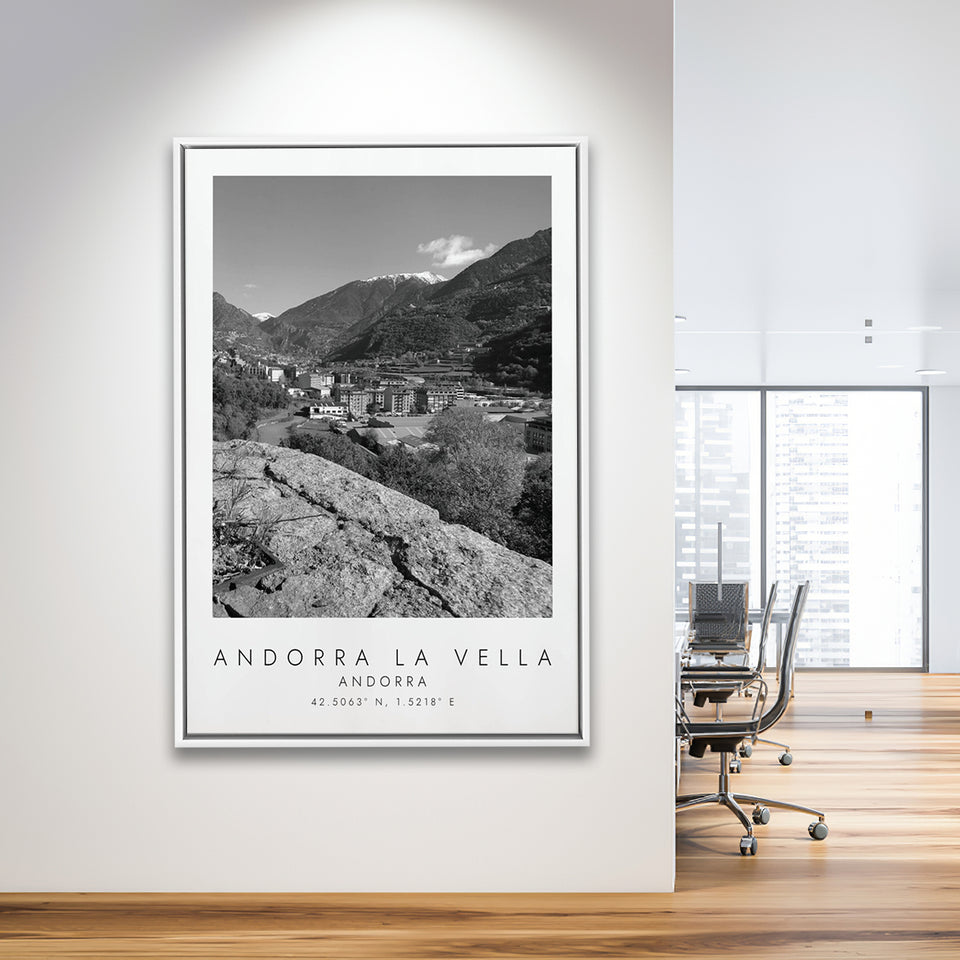 Andorra La Vella, Andorra Black And White Art Framed Canvas Prints Wall Art Home Decor, Floating Frame