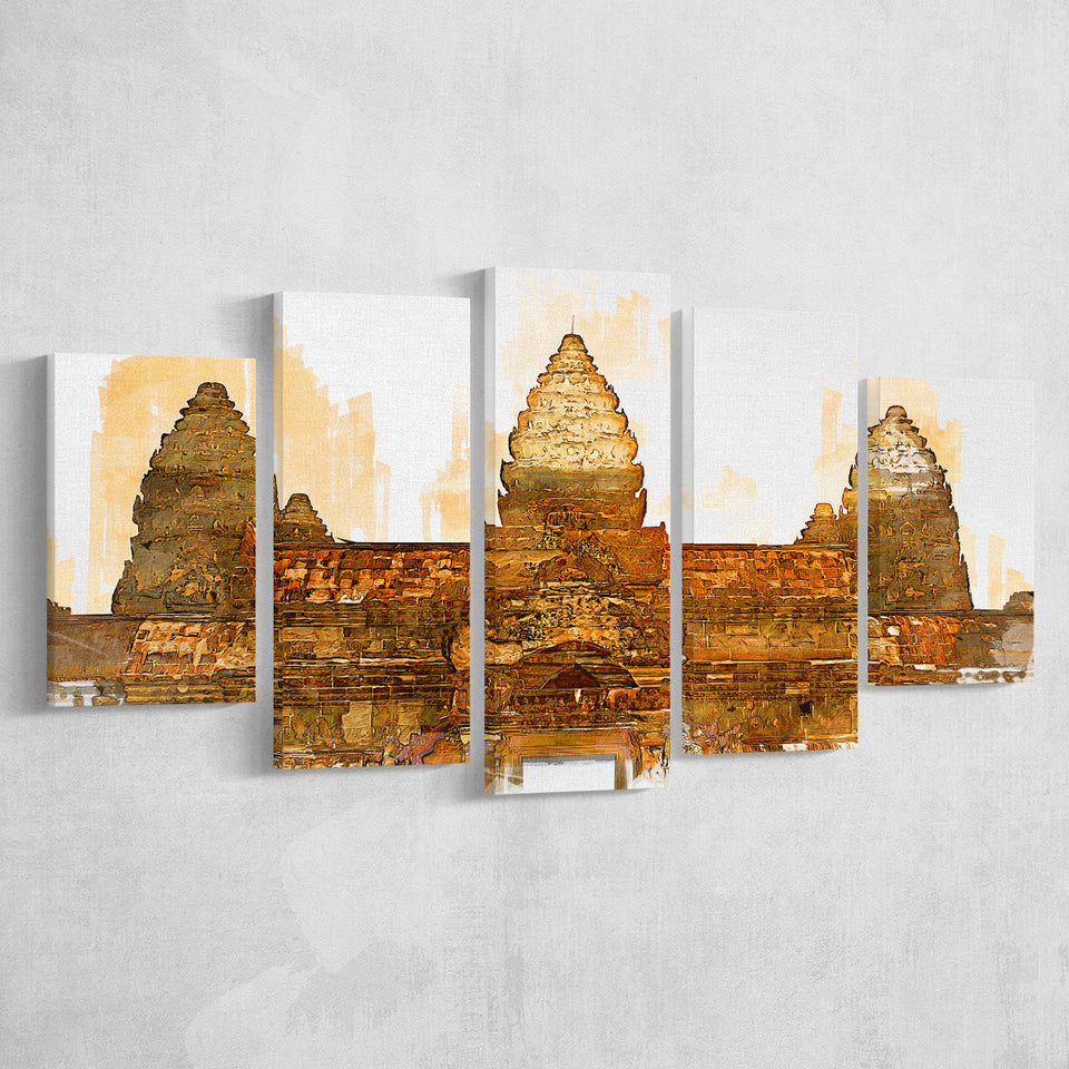 Angkor Ruins In Cambodia, Angkor Wall Art, Angkor Ruins Painting, Multi Panels, 5 Pieces, Canvas Prints Wall Art Home Decor