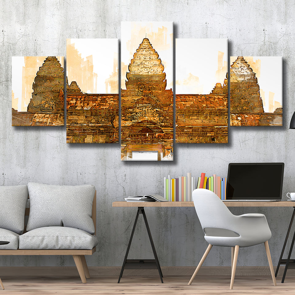 Angkor Ruins In Cambodia, Angkor Wall Art, Angkor Ruins Painting, Multi Panels, 5 Pieces, Canvas Prints Wall Art Home Decor