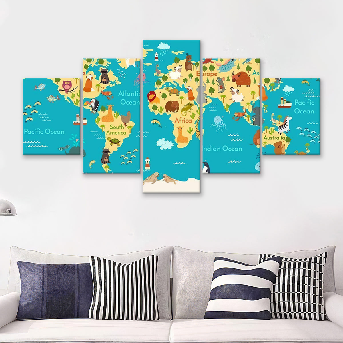 Animals World Map For Kids Room 5 Pieces Canvas Prints Wall Art - Pain ...