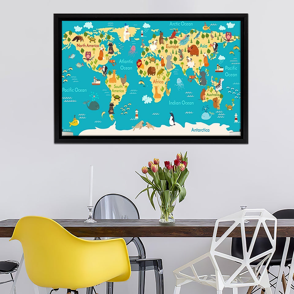 Animals World Map For Kids Room Framed Canvas Wall Art - Canvas Prints ...