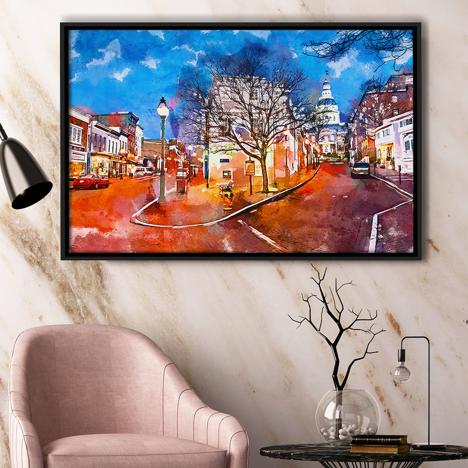 Annapolis Maryland Usa Downtown Cityscape On City Art Watercolor Framed Canvas Prints Wall Art Home Decor,Floating Frame
