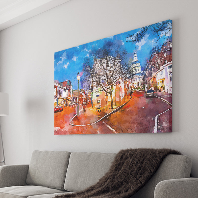 Annapolis Maryland Usa Downtown Cityscape On City Art Watercolor Canvas Prints Wall Art Home Decor, Large Canvas