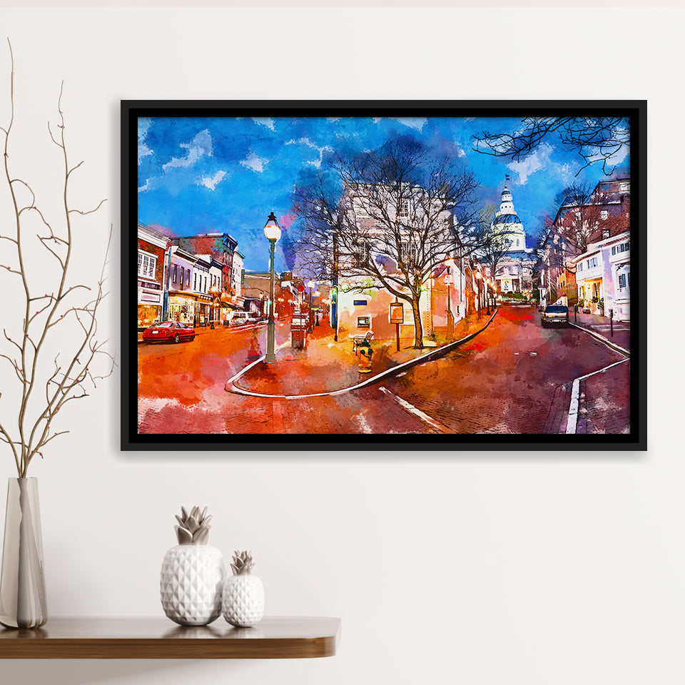 Annapolis Maryland Usa Downtown Cityscape On City Art Watercolor Framed Canvas Prints Wall Art Home Decor,Floating Frame