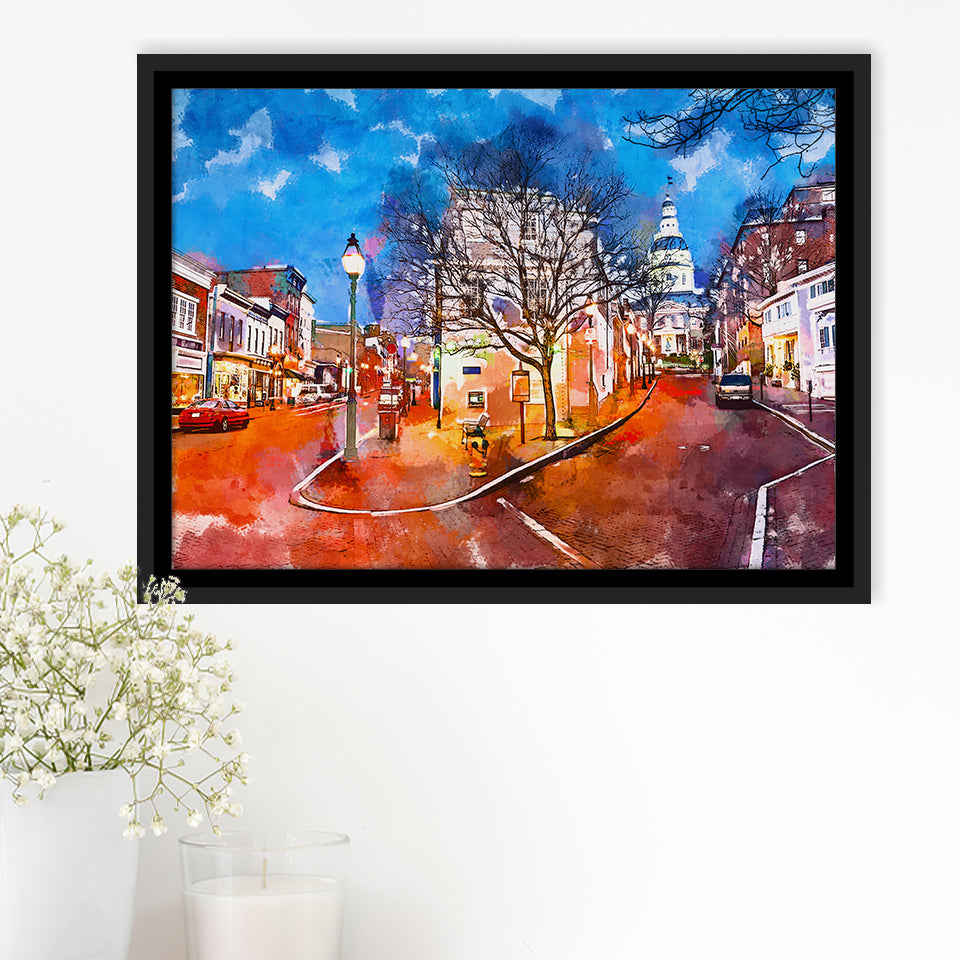 Annapolis Maryland Usa Downtown Cityscape On City Art Watercolor Framed Canvas Prints Wall Art Home Decor,Floating Frame