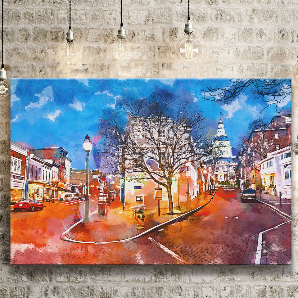 Annapolis Maryland Usa Downtown Cityscape On City Art Watercolor Canvas Prints Wall Art Home Decor, Large Canvas