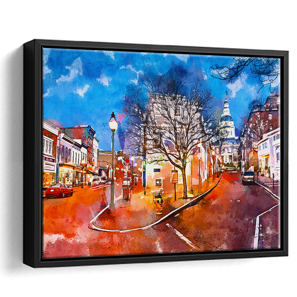 Annapolis Maryland Usa Downtown Cityscape On City Art Watercolor Framed Canvas Prints Wall Art Home Decor,Floating Frame