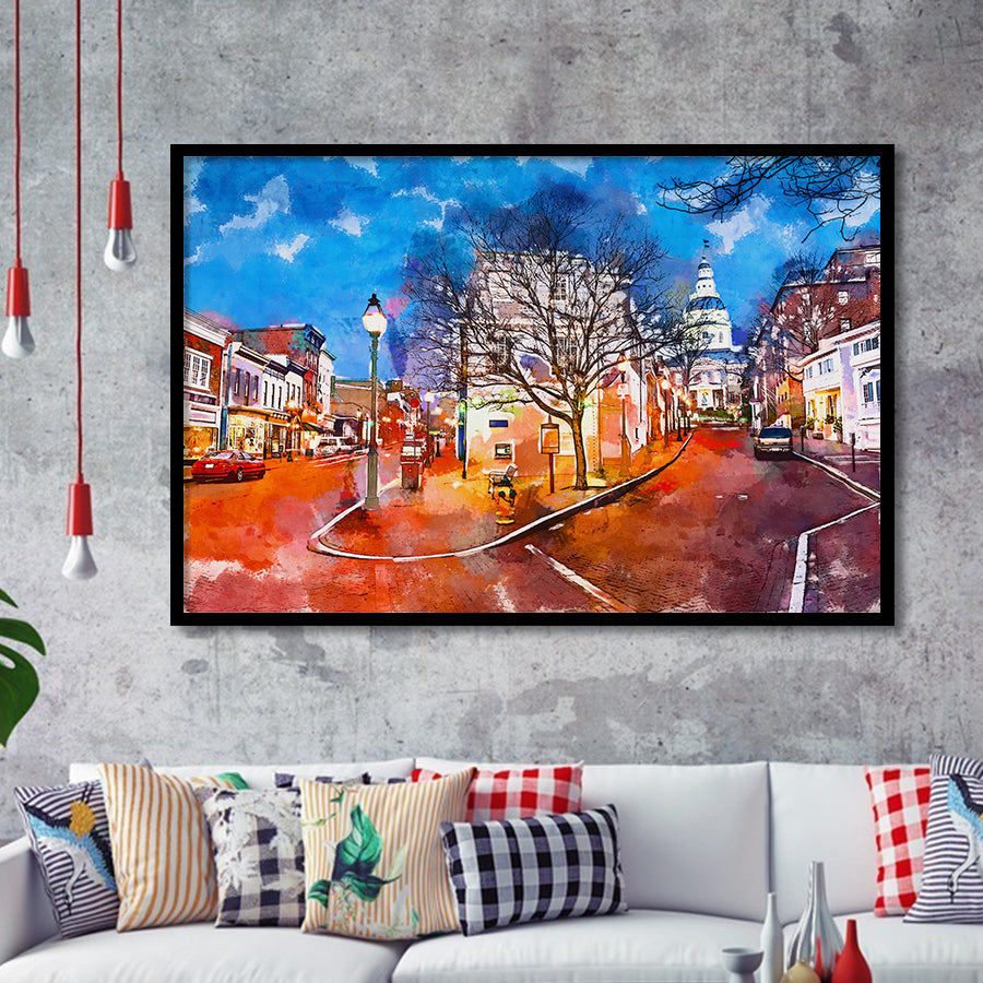 Annapolis Maryland Usa Downtown Cityscape On City Art Watercolor Framed Art Prints Wall Art Decor,Framed Picture