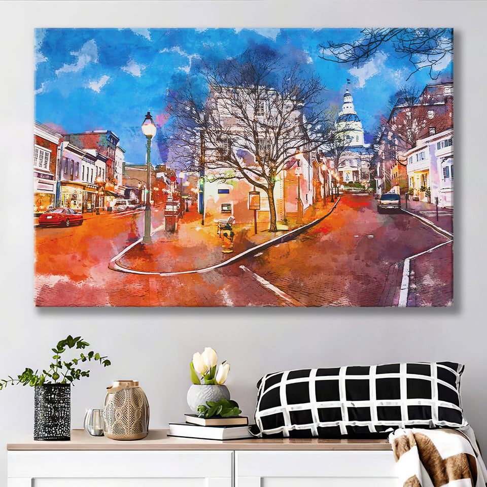 Annapolis Maryland Usa Downtown Cityscape On City Art Watercolor Canvas Prints Wall Art Home Decor, Large Canvas