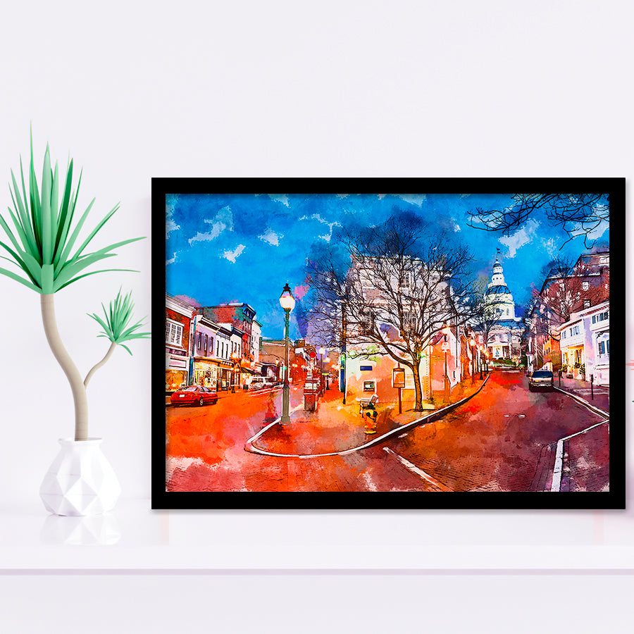 Annapolis Maryland Usa Downtown Cityscape On City Art Watercolor Framed Art Prints Wall Art Decor,Framed Picture