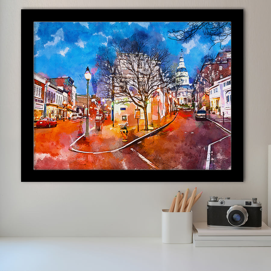 Annapolis Maryland Usa Downtown Cityscape On City Art Watercolor Framed Art Prints Wall Art Decor,Framed Picture
