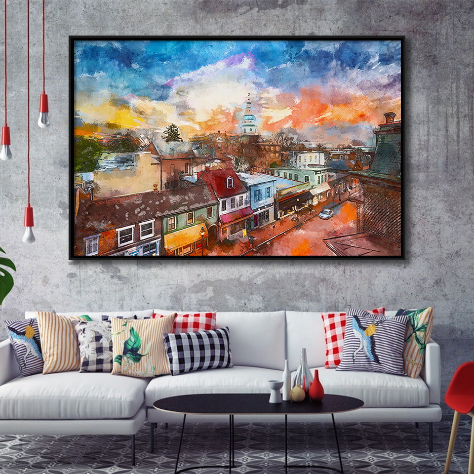 Annapolis Maryland Usa Downtown View Over City Art Watercolor Framed Canvas Prints Wall Art Home Decor,Floating Frame
