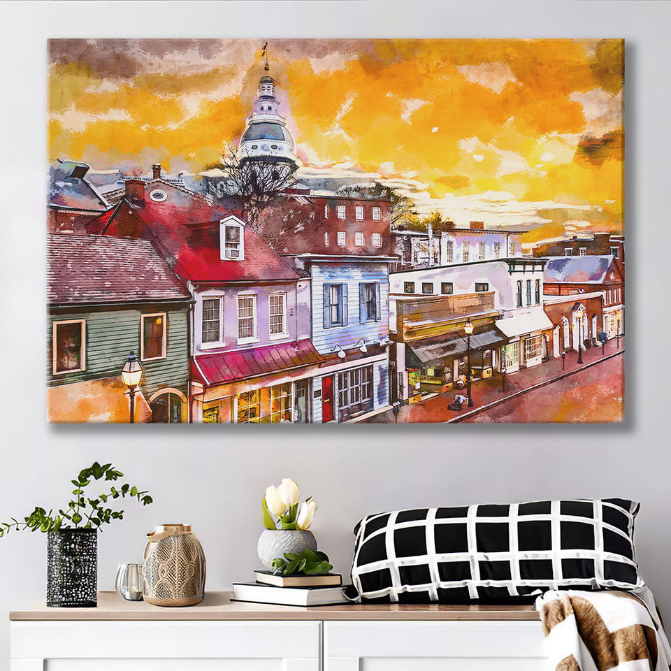 Annapolis Maryland Usa Downtown View Over V1 City Art Watercolor Canvas Prints Wall Art Home Decor, Large Canvas