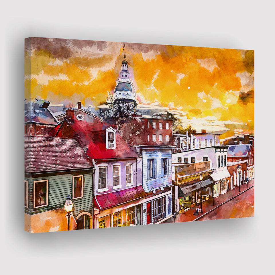 Annapolis Maryland Usa Downtown View Over V1 City Art Watercolor Canvas Prints Wall Art Home Decor, Large Canvas
