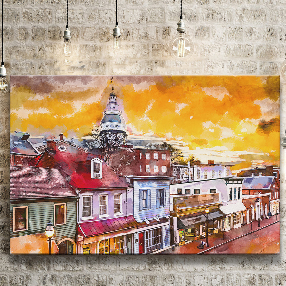 Annapolis Maryland Usa Downtown View Over V1 City Art Watercolor Canvas Prints Wall Art Home Decor, Large Canvas