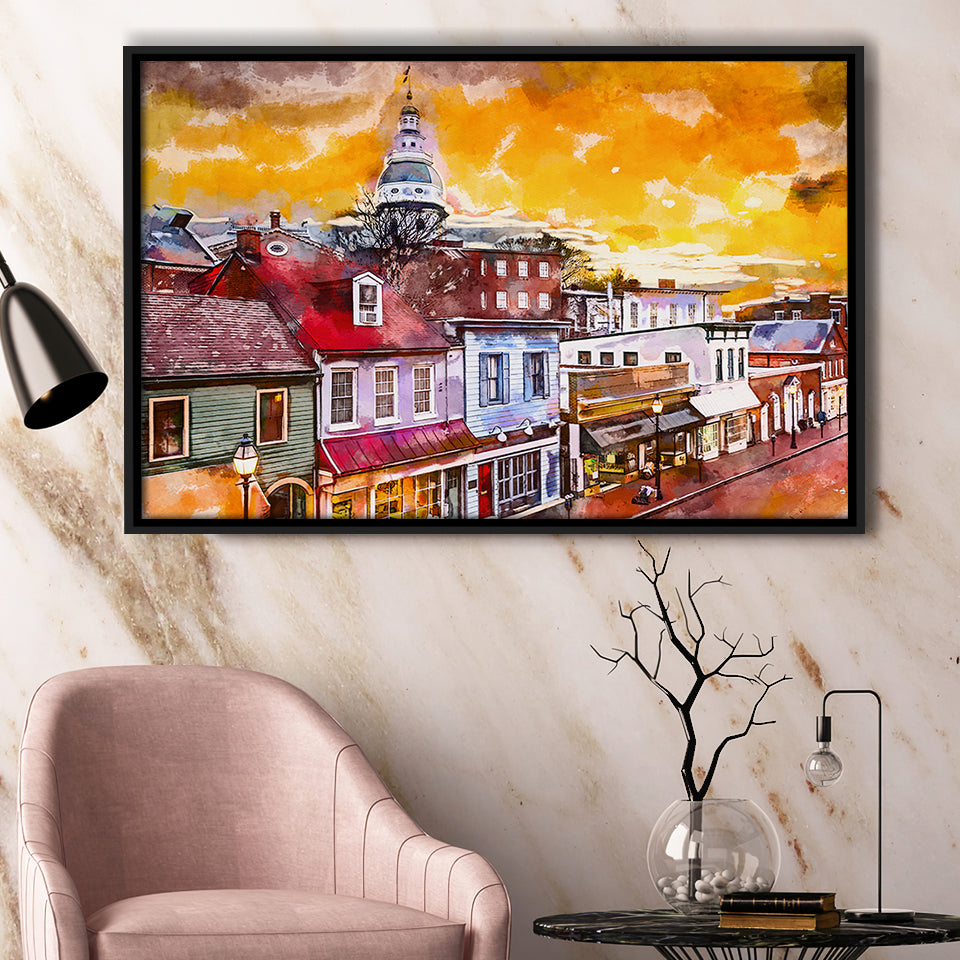 Annapolis Maryland Usa Downtown View Over V1 City Art Watercolor Framed Canvas Prints Wall Art Home Decor,Floating Frame
