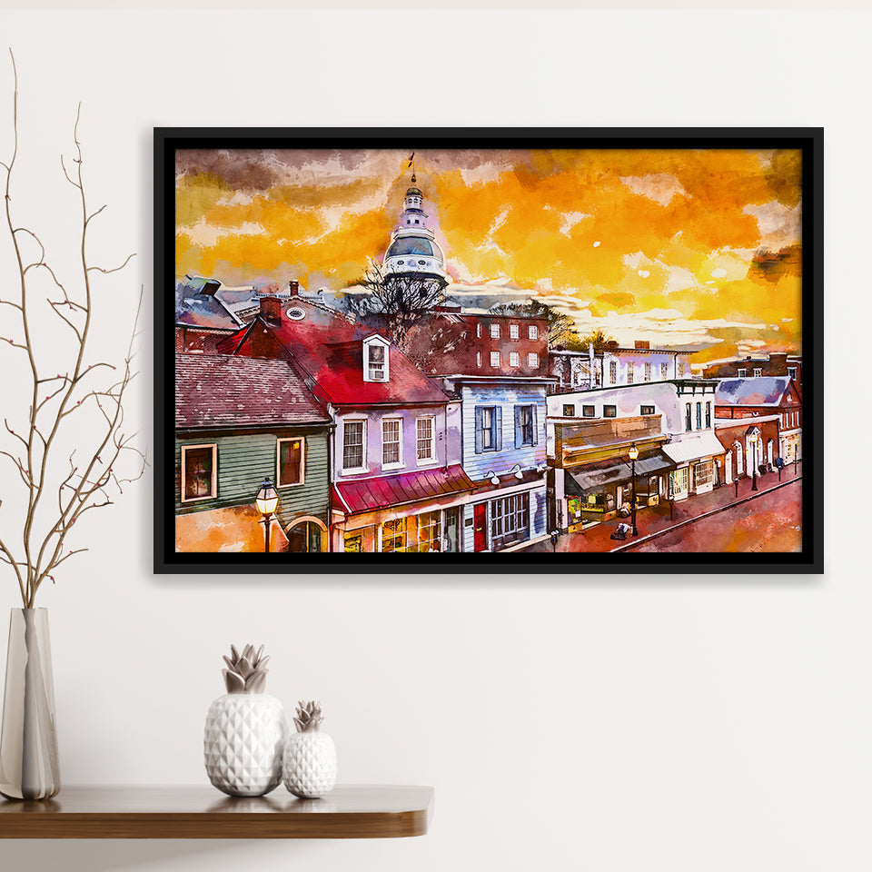 Annapolis Maryland Usa Downtown View Over V1 City Art Watercolor Framed Canvas Prints Wall Art Home Decor,Floating Frame