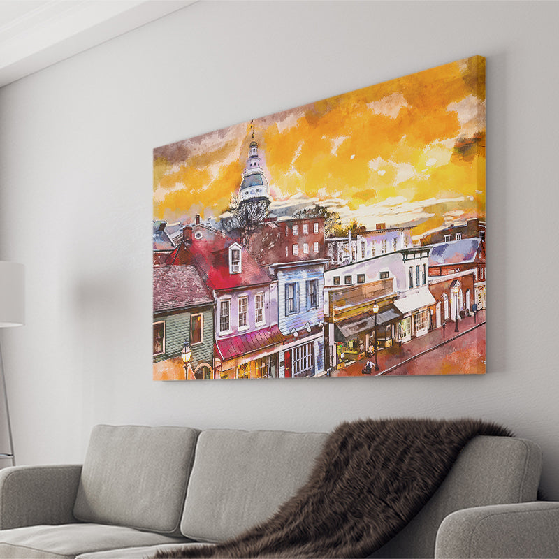 Annapolis Maryland Usa Downtown View Over V1 City Art Watercolor Canvas Prints Wall Art Home Decor, Large Canvas