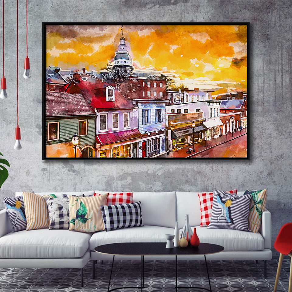 Annapolis Maryland Usa Downtown View Over V1 City Art Watercolor Framed Canvas Prints Wall Art Home Decor,Floating Frame
