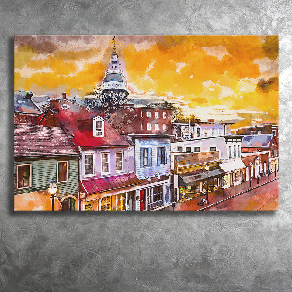 Annapolis Maryland Usa Downtown View Over V1 City Art Watercolor Canvas Prints Wall Art Home Decor, Large Canvas