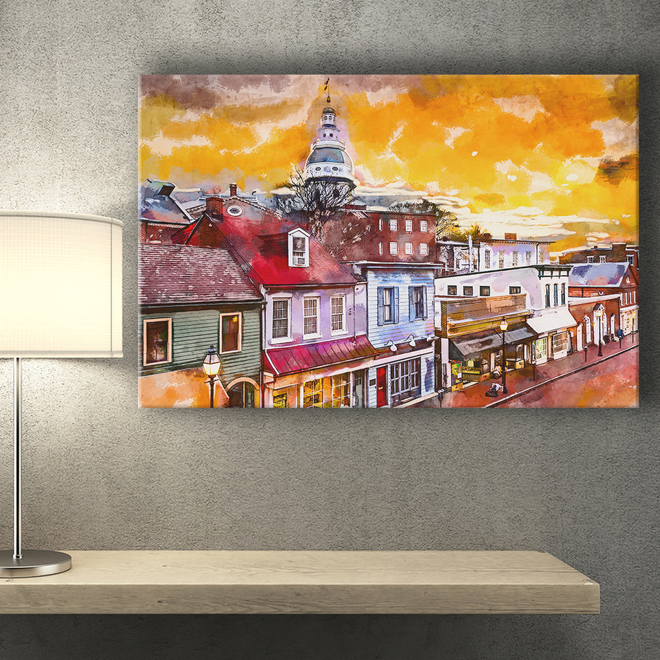 Annapolis Maryland Usa Downtown View Over V1 City Art Watercolor Canvas Prints Wall Art Home Decor, Large Canvas