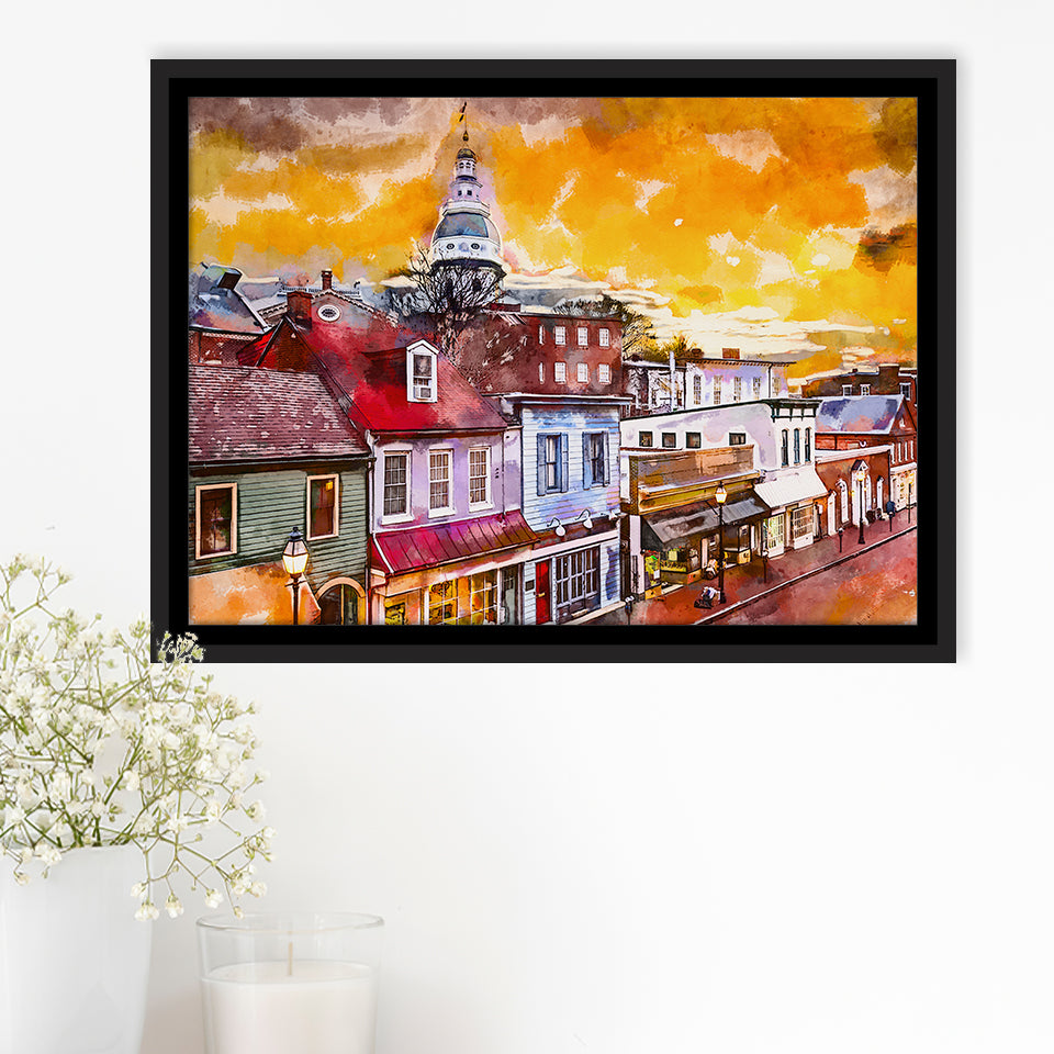 Annapolis Maryland Usa Downtown View Over V1 City Art Watercolor Framed Canvas Prints Wall Art Home Decor,Floating Frame