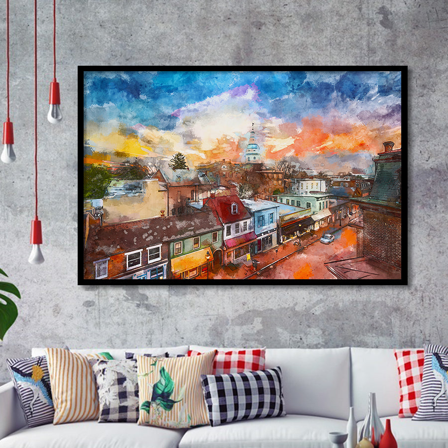 Annapolis Maryland Usa Downtown View Over City Art Watercolor Framed Art Prints Wall Art Decor,Framed Picture
