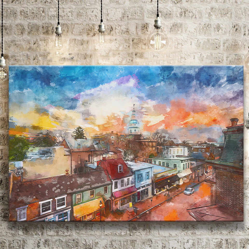 Annapolis Maryland Usa Downtown View Over City Art Watercolor Canvas Prints Wall Art Home Decor, Large Canvas