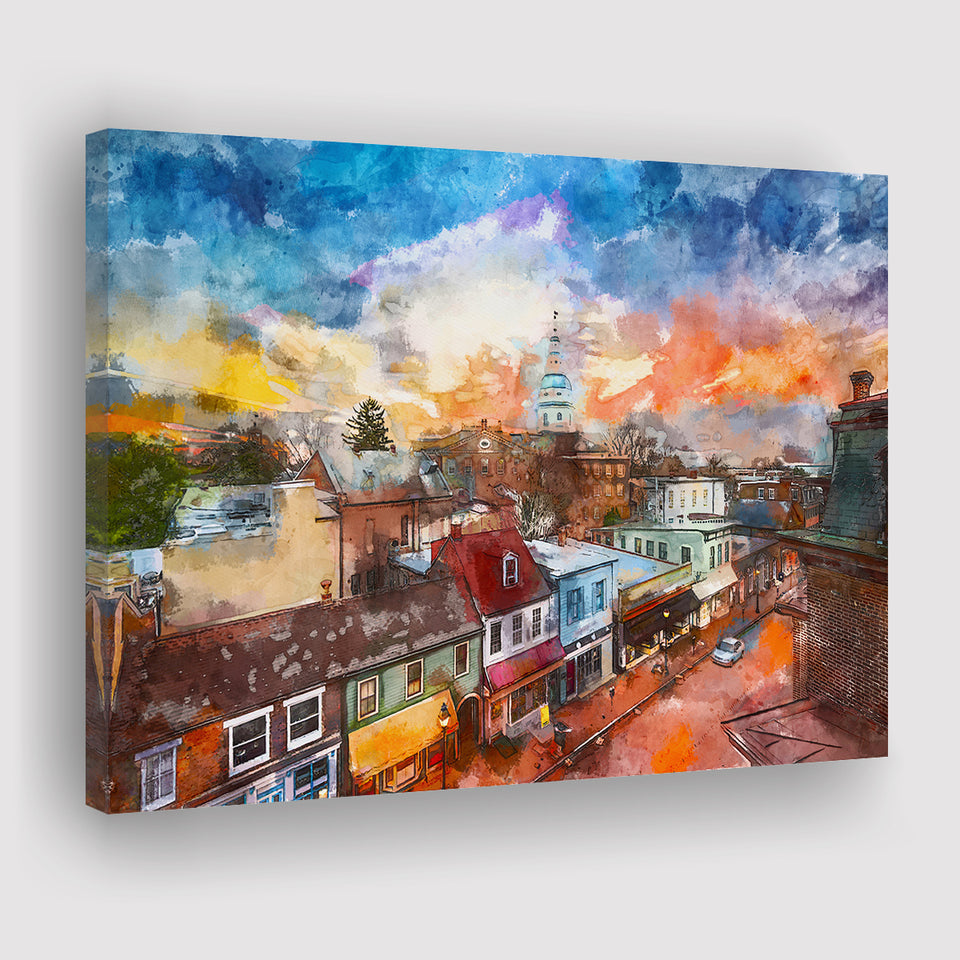 Annapolis Maryland Usa Downtown View Over City Art Watercolor Canvas Prints Wall Art Home Decor, Large Canvas