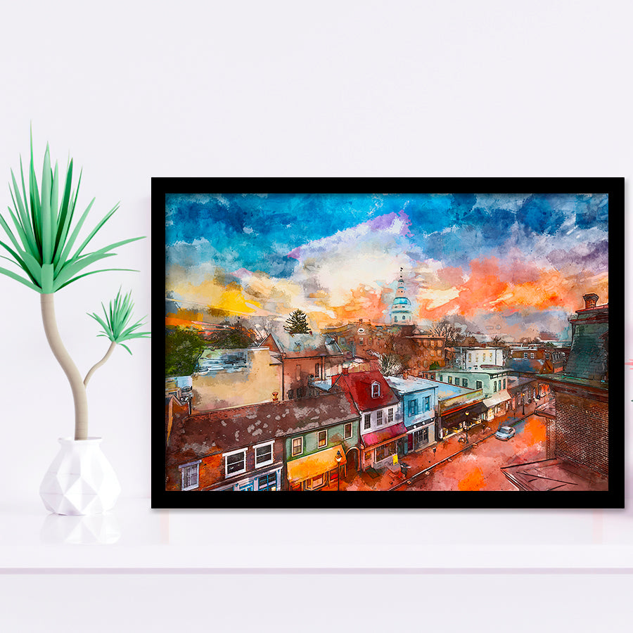 Annapolis Maryland Usa Downtown View Over City Art Watercolor Framed Art Prints Wall Art Decor,Framed Picture