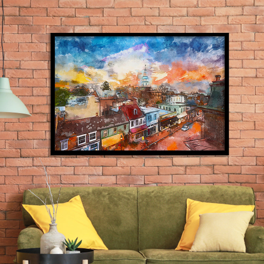 Annapolis Maryland Usa Downtown View Over City Art Watercolor Framed Art Prints Wall Art Decor,Framed Picture