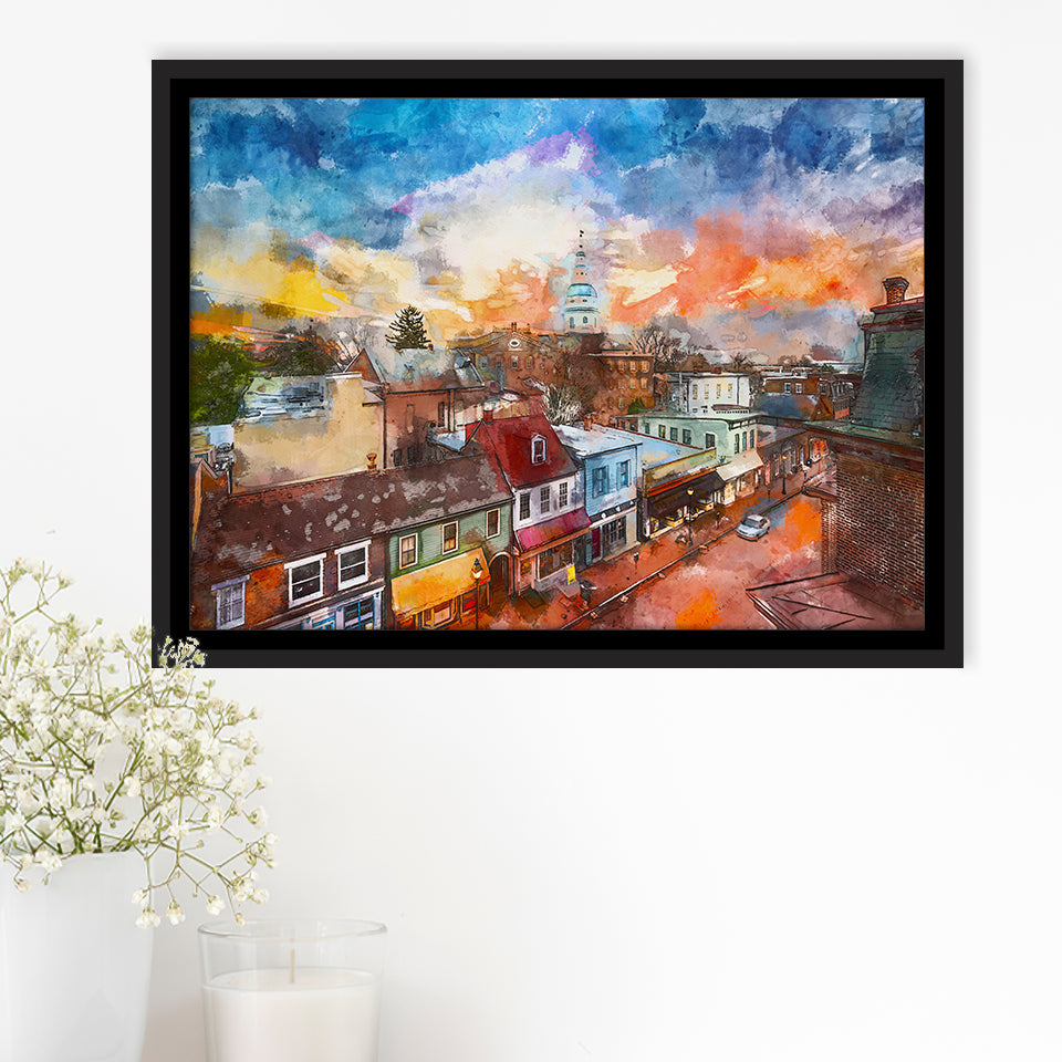 Annapolis Maryland Usa Downtown View Over City Art Watercolor Framed Canvas Prints Wall Art Home Decor,Floating Frame