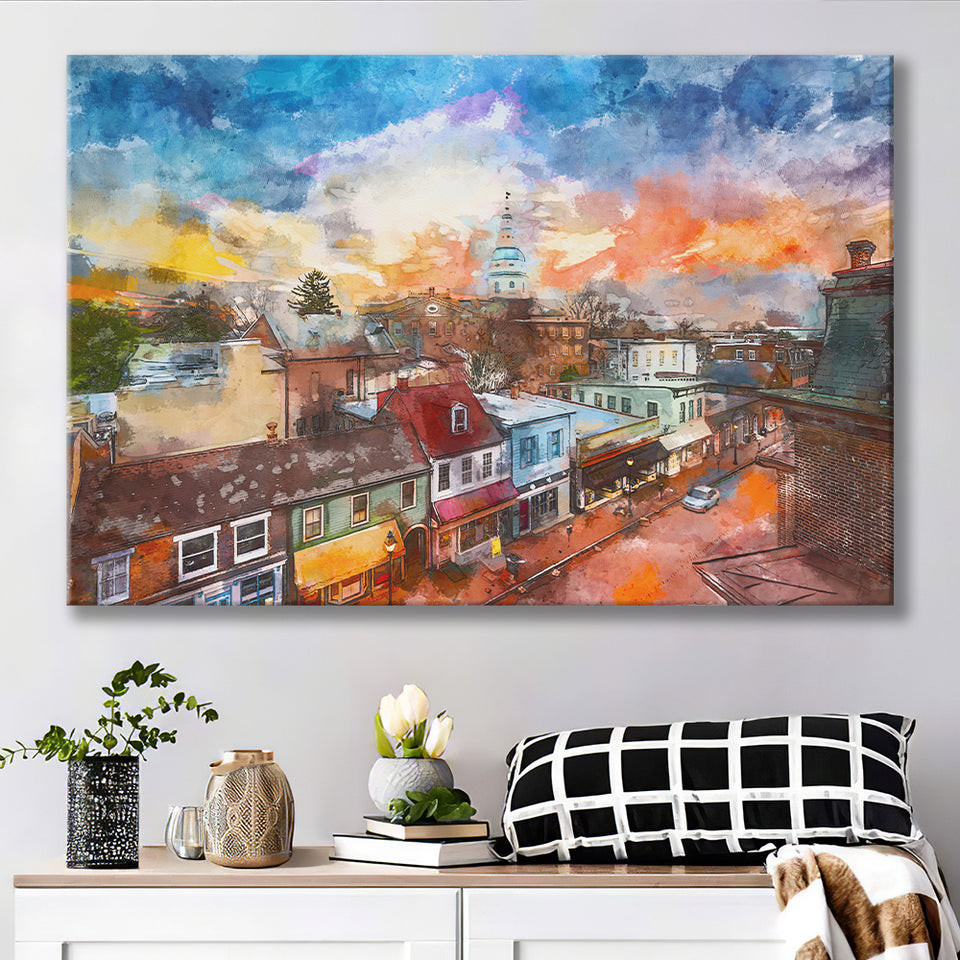 Annapolis Maryland Usa Downtown View Over City Art Watercolor Canvas Prints Wall Art Home Decor, Large Canvas