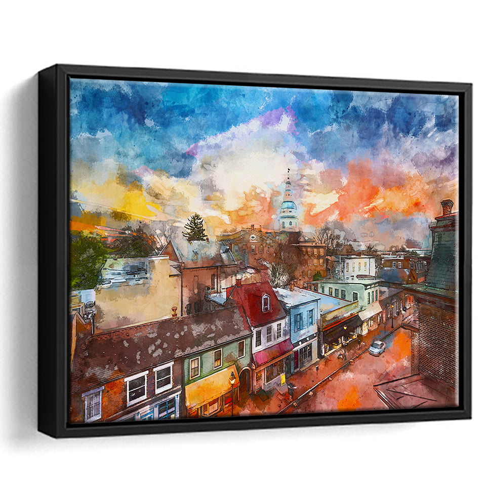 Annapolis Maryland Usa Downtown View Over City Art Watercolor Framed Canvas Prints Wall Art Home Decor,Floating Frame