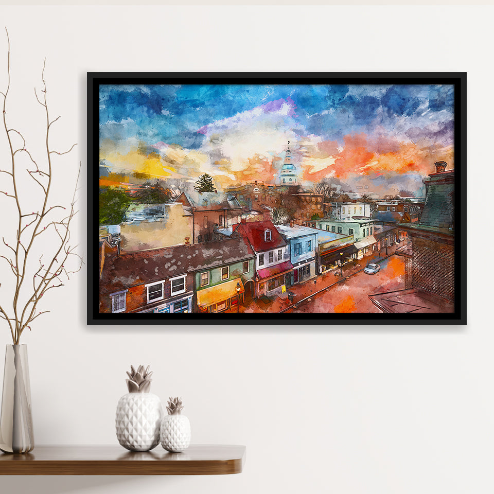 Annapolis Maryland Usa Downtown View Over City Art Watercolor Framed Canvas Prints Wall Art Home Decor,Floating Frame